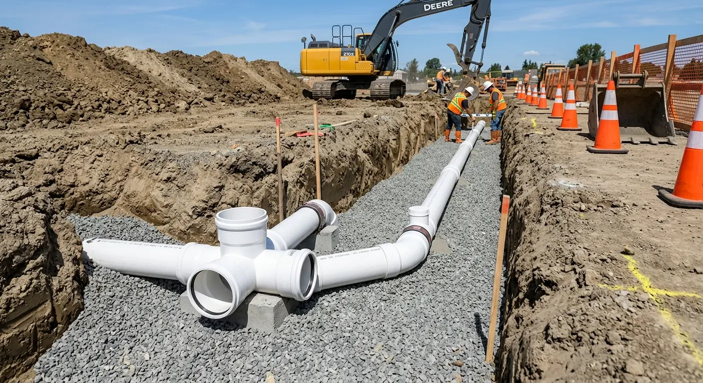 New PVC sewer pipe installation in open trench for Commercial Drain Cleaning in Papillion