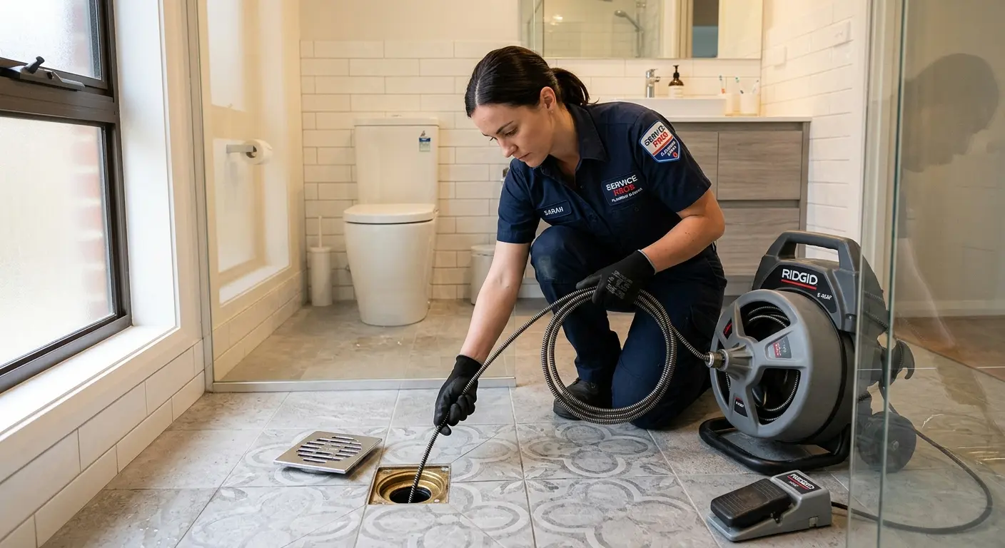 Technician clearing a bathroom floor drain for Drain Repair in Papillion